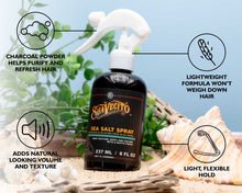 sea salt spray - charcoal powder helps purify and refresh hair, lightweight formula won't weigh down hair, adds natural looking volume and texture, light, flexible hold.