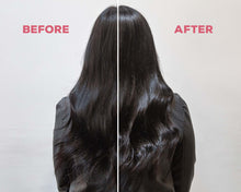 Before and after of woman's hair using Suavecita Shine Spray