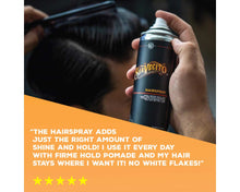 Hairspray: The hairspray adds just the right amount of shine and hold! I use it every day with firme hold pomade and my hair stays where I want it! No white flakes!