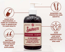 Load image into Gallery viewer, thickening shampoo infographic: made with niacinamide, a form of vitamin b3 that is beneficial to hair health, rosemary oil promotes hair growth, restores damaged hair and increases body and suppleness, aloe barbadensis leaf juice promotes a healthy scalp and hair

