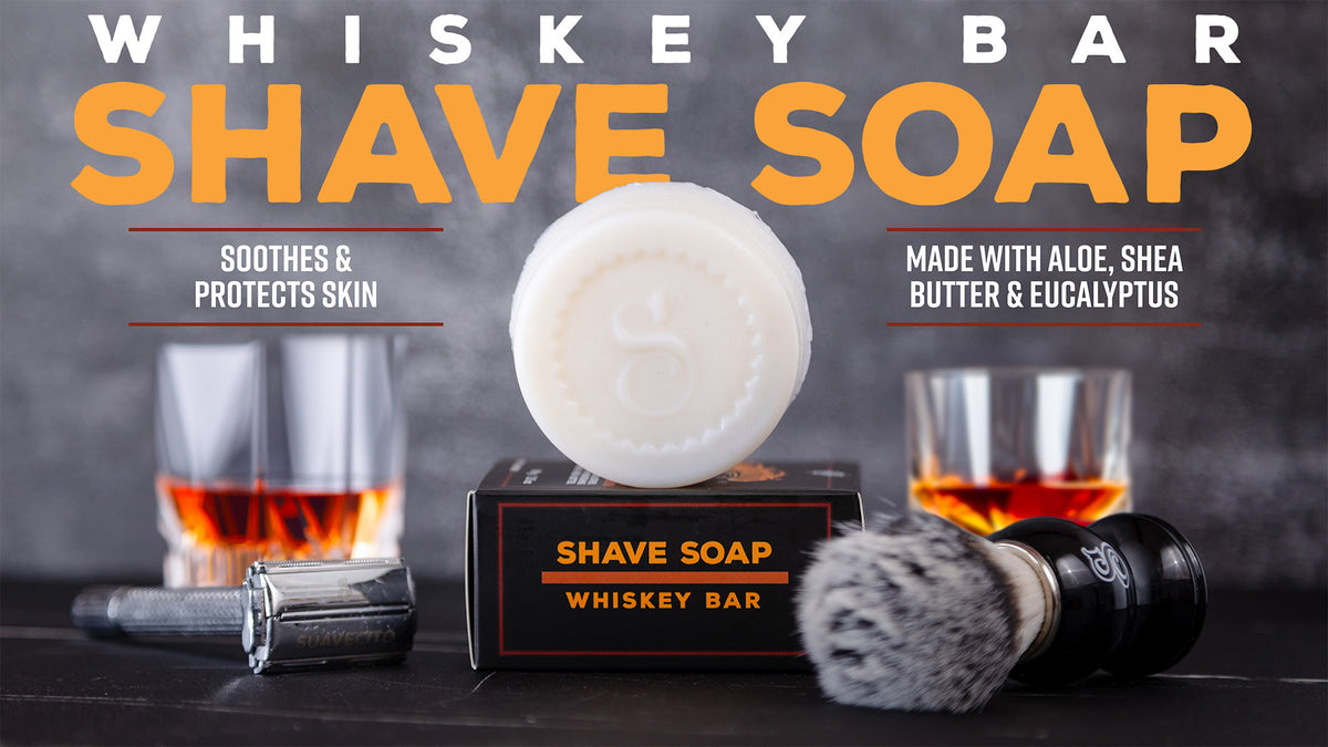 Whiskey Bar Shave Soap. Soothes & protects skin. Made with aloe, shea butter, and eucalyptus