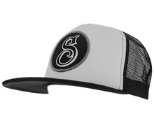 Load image into Gallery viewer, suavecito hat with white embroidered text and black background with suavecito &quot;S&quot;
