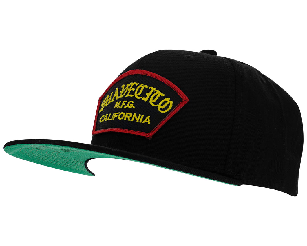 suavecito hat with yellow embroidered text and red border outline 