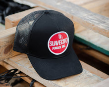 Load image into Gallery viewer, black suavecito hat with white embroidered text and red background &quot;suavecito pomade inc.&quot;
