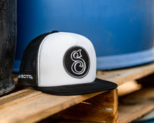 Load image into Gallery viewer, suavecito hat with white embroidered text and black background with suavecito &quot;S&quot;
