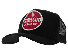 Load image into Gallery viewer, black suavecito hat with white embroidered text and red background &quot;suavecito pomade inc.&quot;
