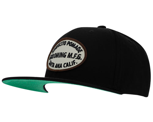 black suavecito hat with black embroidered text and white background and brown outline 