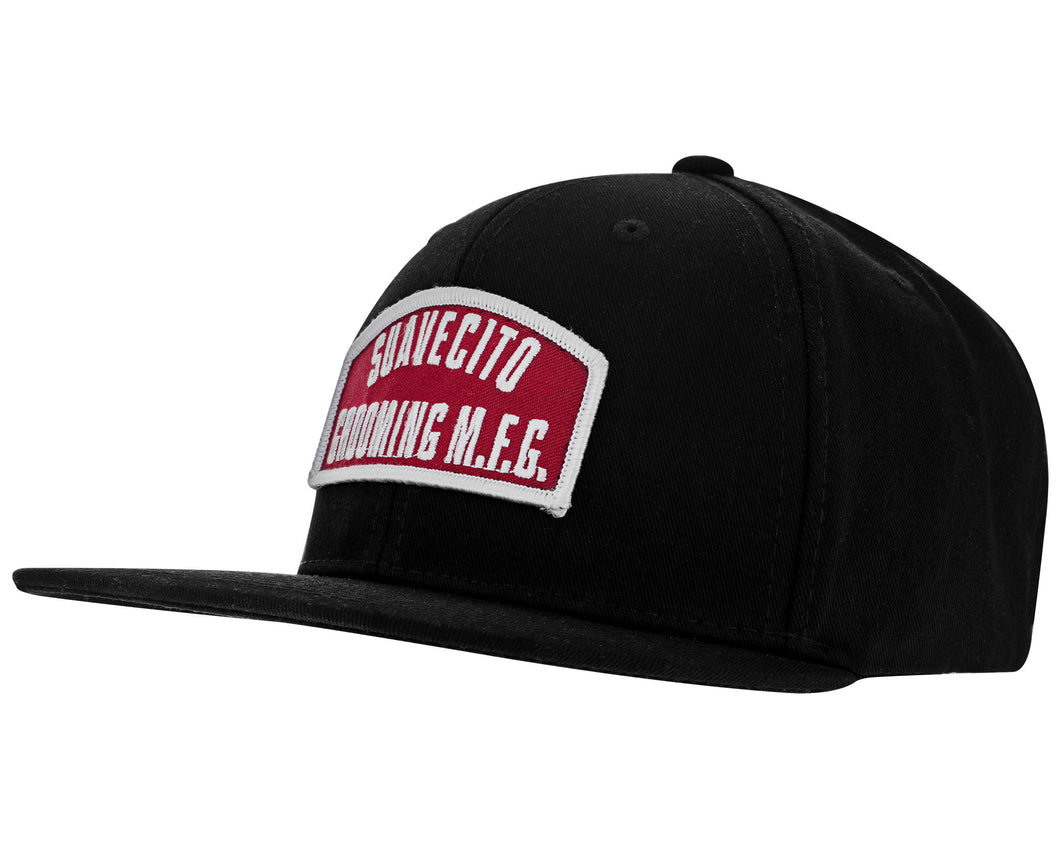suavecito hat with embroidered text and red background 