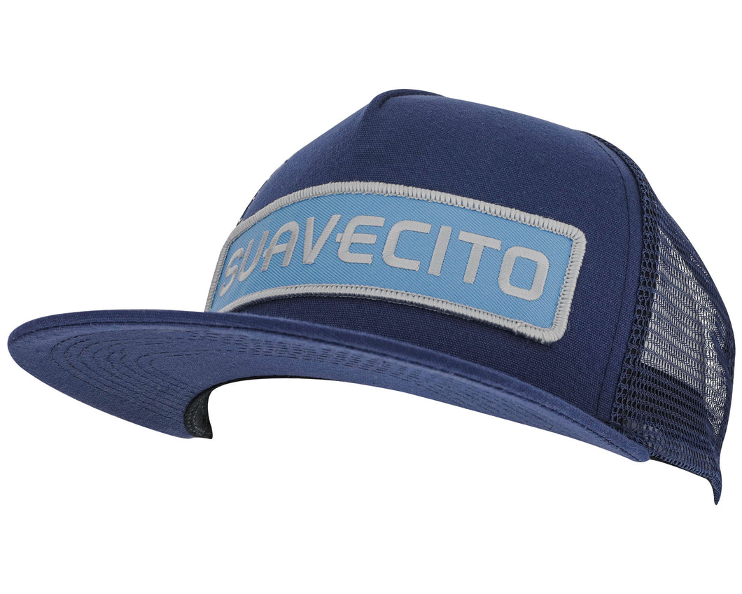 blue suavecito hat with white embroidered text and light blue background 