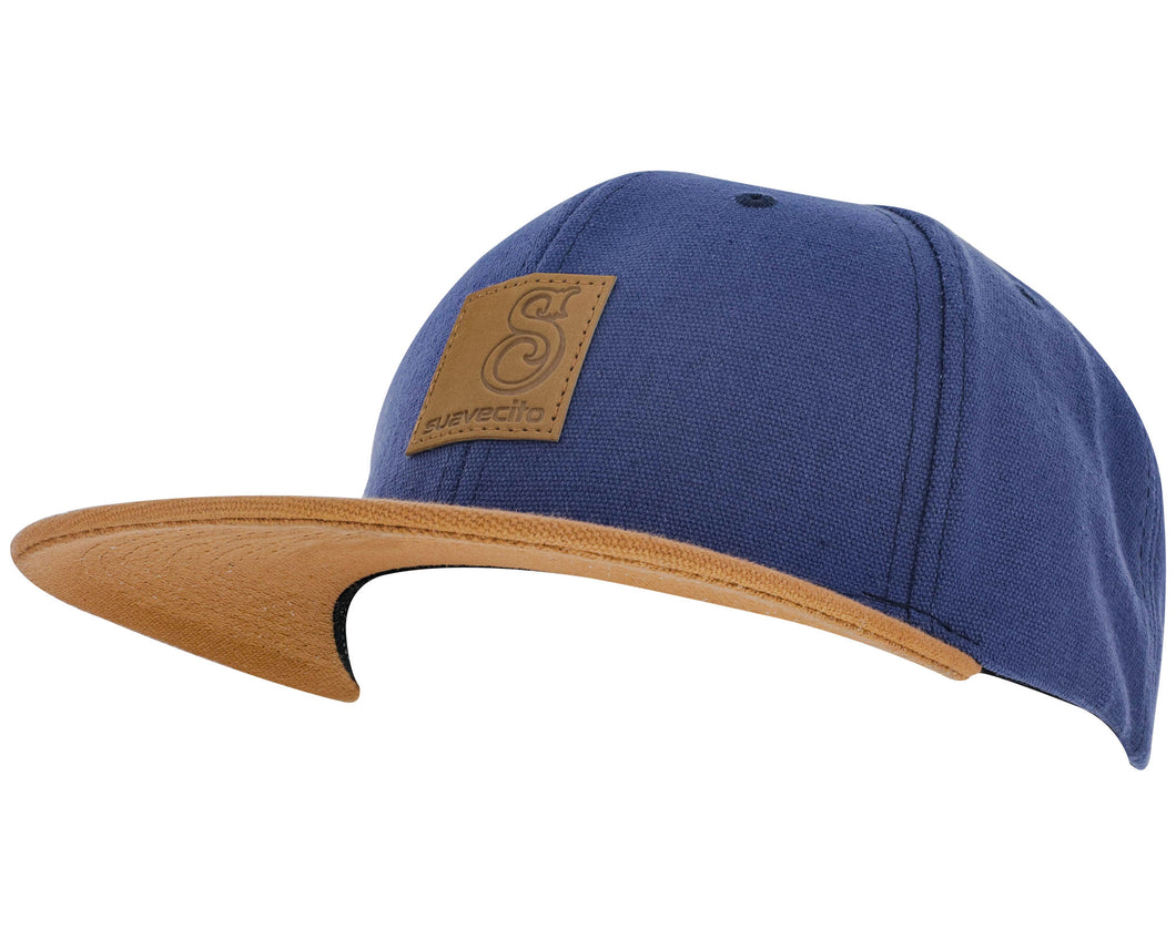 blue suavecito hat with brown bill, brown text and brown background 