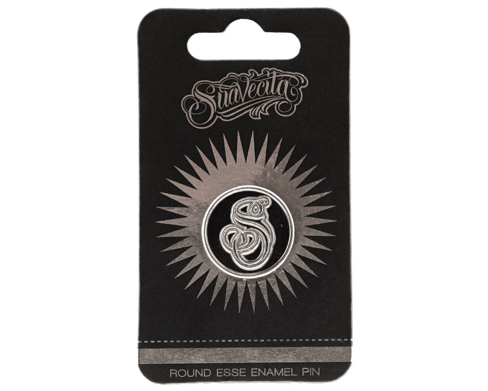 Round Suavecita Silver Enamel Pin Front With Packaging