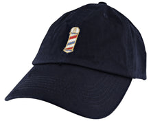 Load image into Gallery viewer, Navy Blue Hat With Barber Pole Logo On Front - Angled

